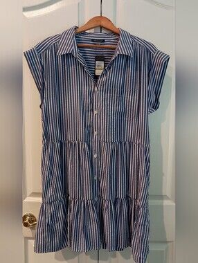 Tommy Hilfiger Navy and White Striped Button-Down Tiered Dress